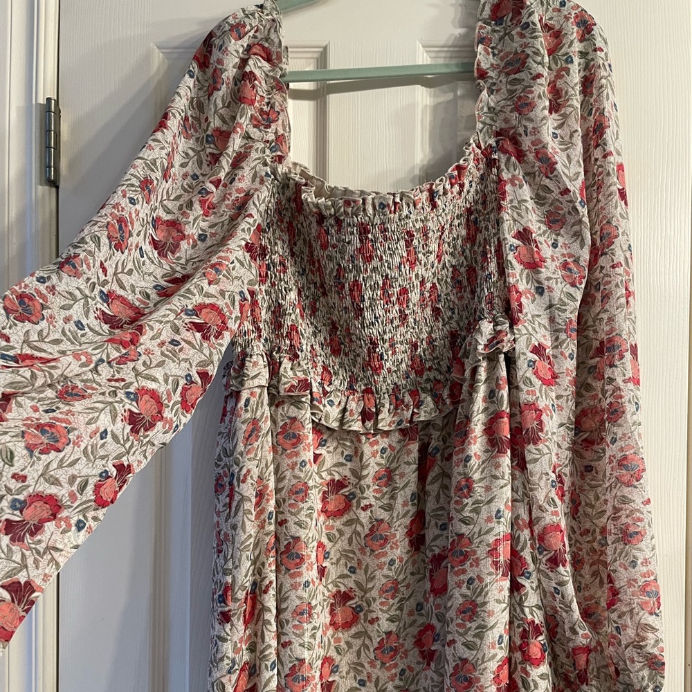 Red and White Peasant Square neck dress
